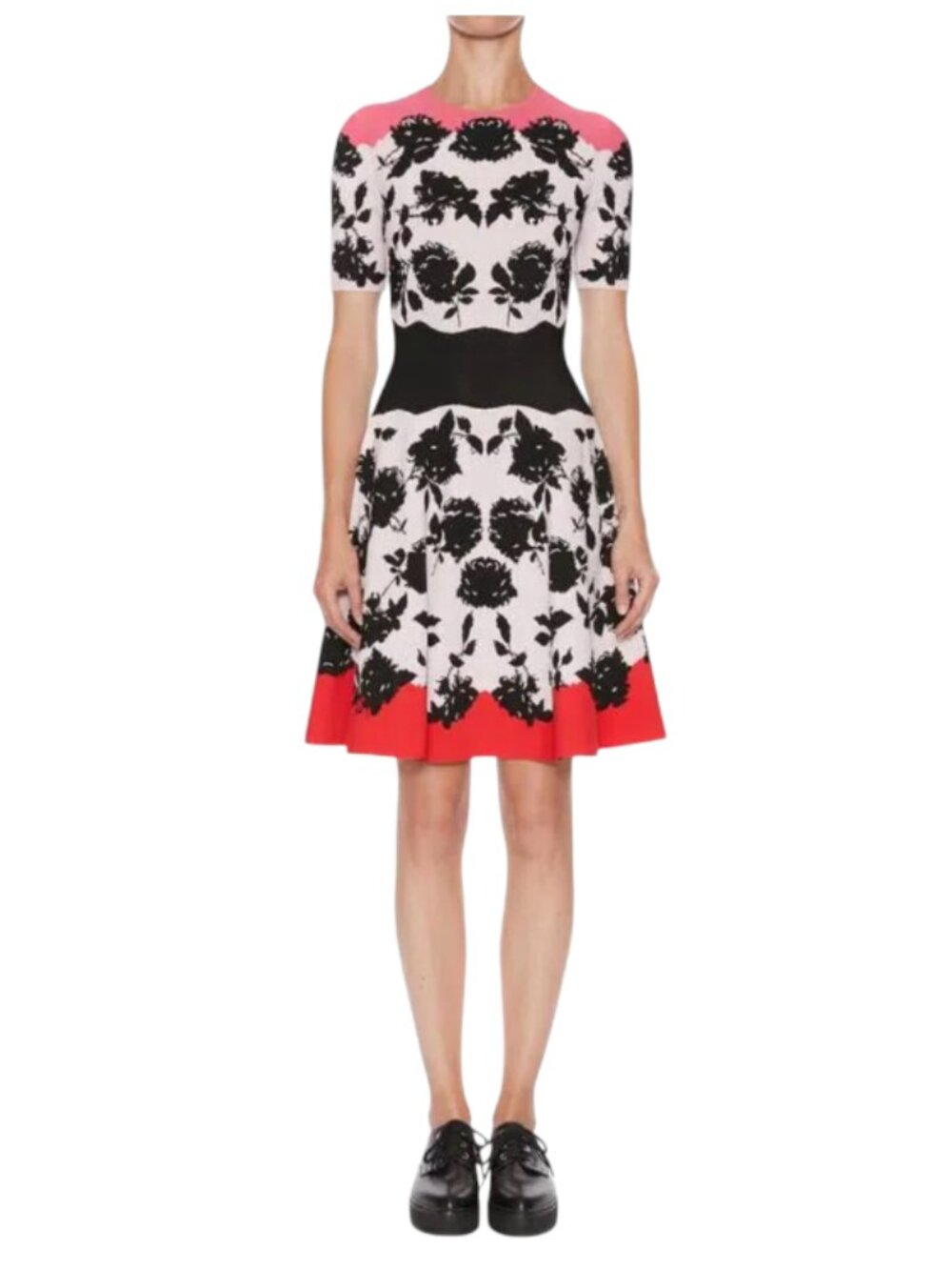 NWOT Alexander McQueen Rose Knit Mini Dress Womens Medium Pink Black Crew Neck